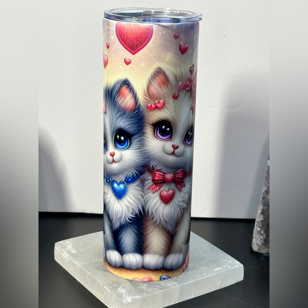Cute Kitty Couple Hearts Skinny Tumbler (Valentine Love Cat Cup)
